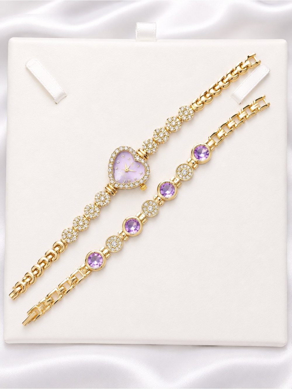 Gold Plated Heart Watch and Bracelet Set with Lavender Stones